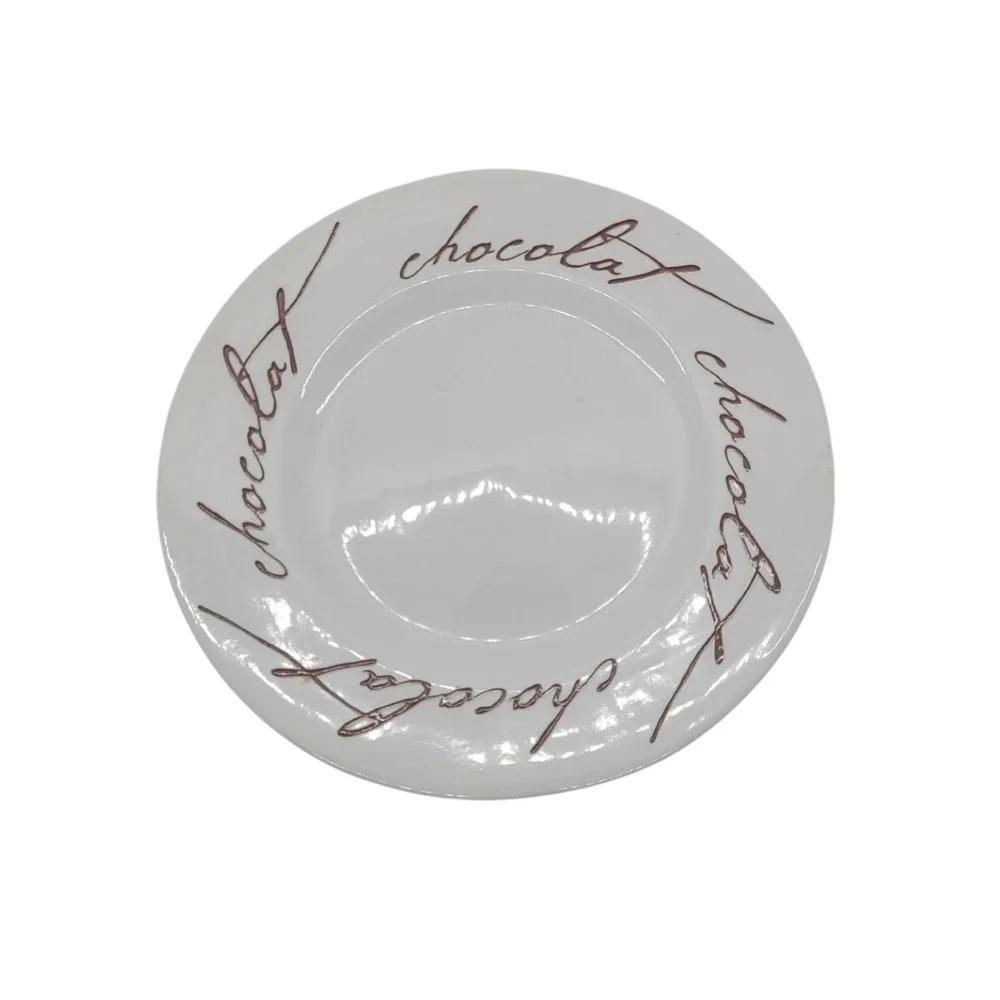 Crate & Barrel Chocolat Dessert Plate White Ceramic Brown Script